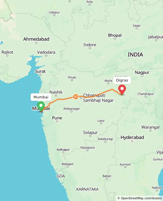 Route map showing distance and travel time from Mumbai, India to Digras, India