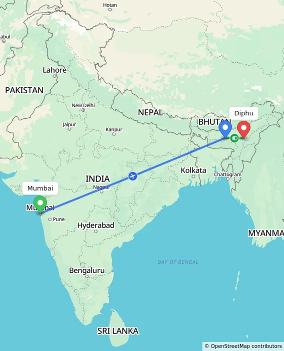 Route map showing distance and travel time from Mumbai, India to Diphu, India