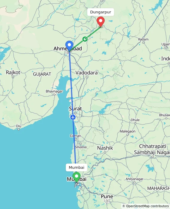 Route map showing distance and travel time from Mumbai, India to Dungarpur, India