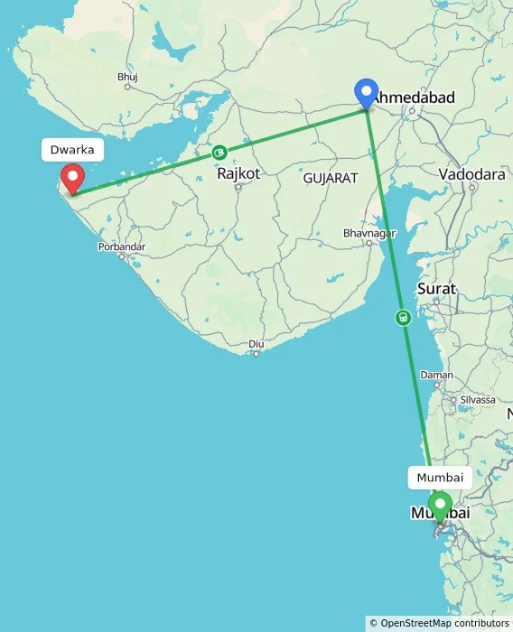 Route map showing distance and travel time from Mumbai, India to Dwarka, India