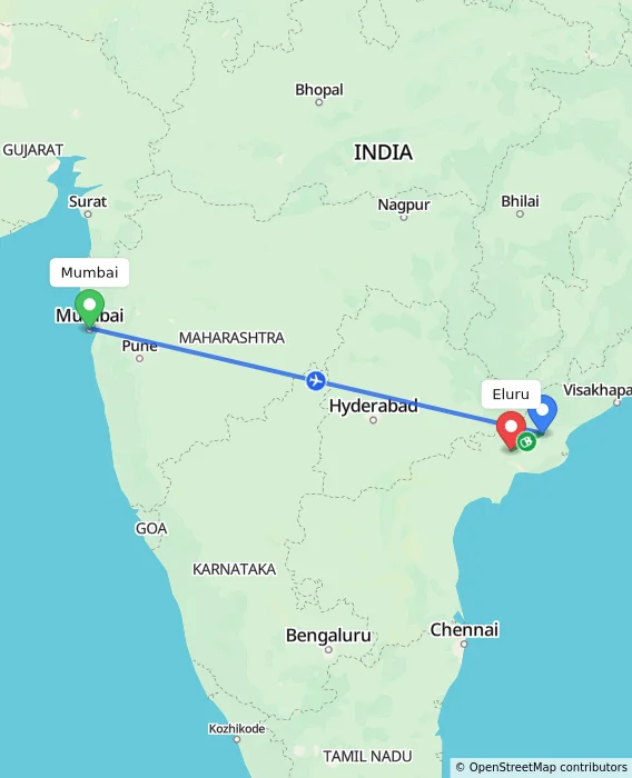 Route map showing distance and travel time from Mumbai, India to Eluru, India