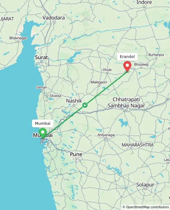 Route map showing distance and travel time from Mumbai, India to Erandol, India