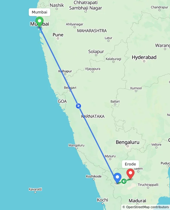 Route map showing distance and travel time from Mumbai, India to Erode, India