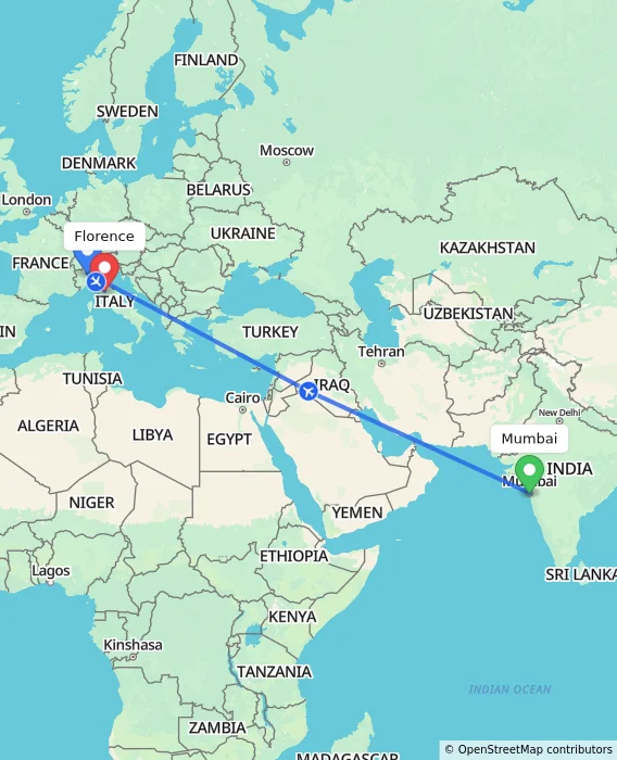 Route map showing distance and travel time from Mumbai, India to Florence, Italy