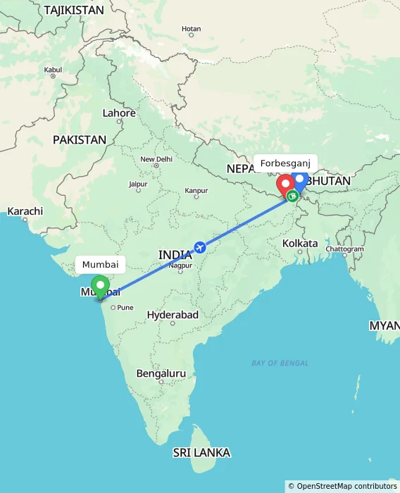Route map showing distance and travel time from Mumbai, India to Forbesganj, India