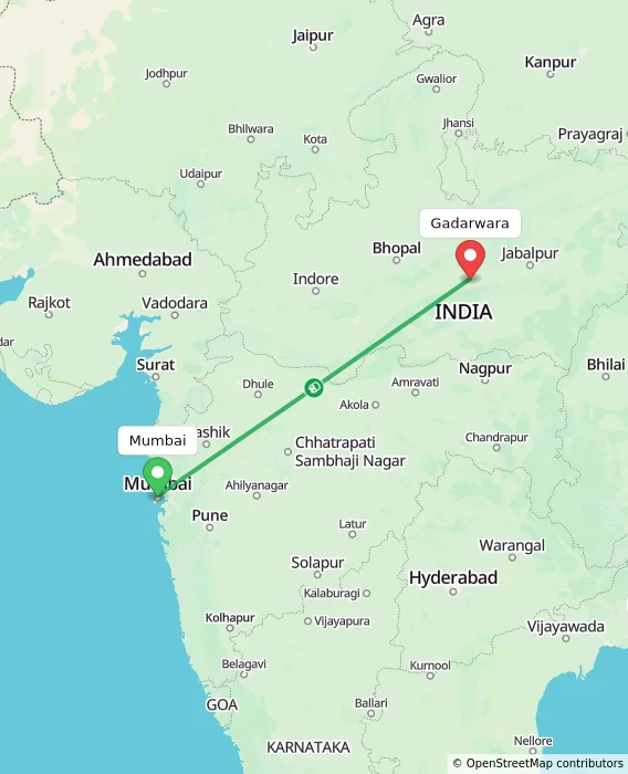 Route map showing distance and travel time from Mumbai, India to Gadarwara, India