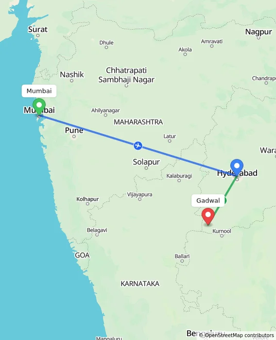 Route map showing distance and travel time from Mumbai, India to Gadwal, India