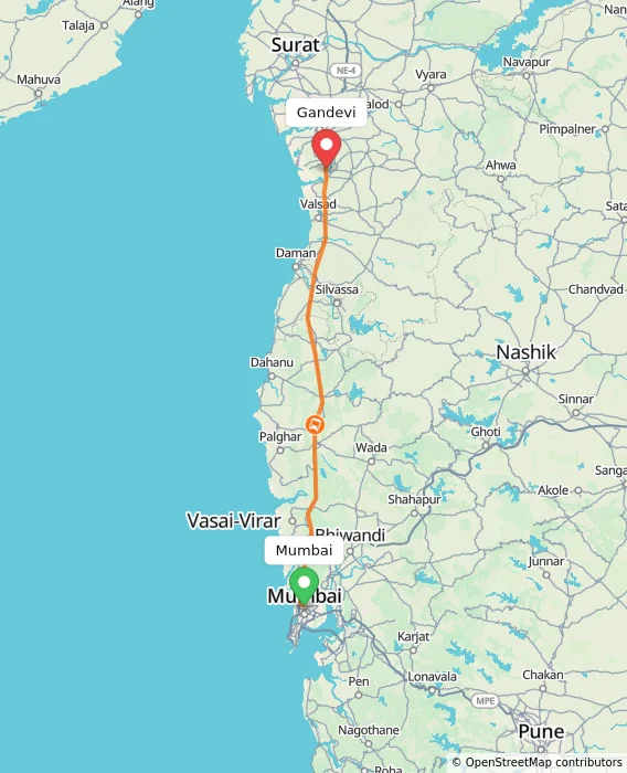 Route map showing distance and travel time from Mumbai, India to Gandevi, India
