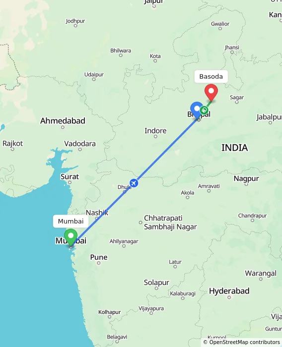 Route map showing distance and travel time from Mumbai, India to Basoda, India