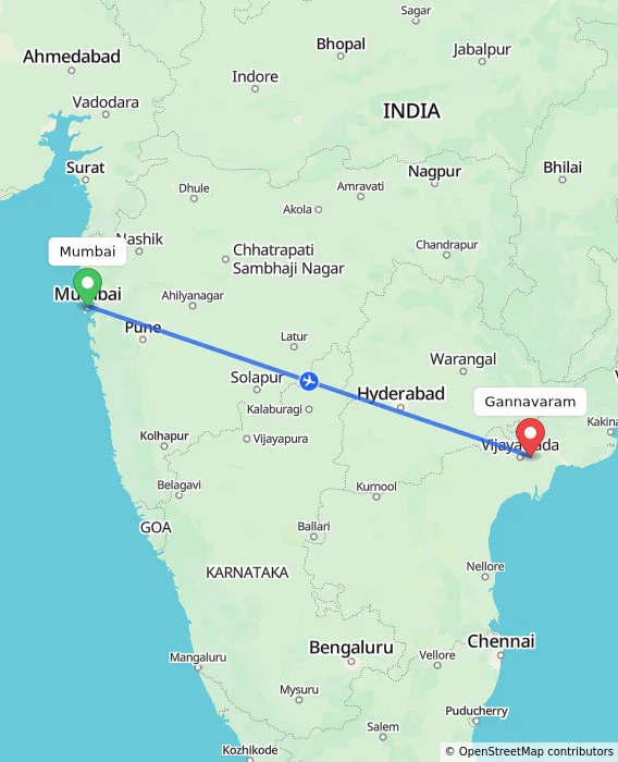 Route map showing distance and travel time from Mumbai, India to Gannavaram, India