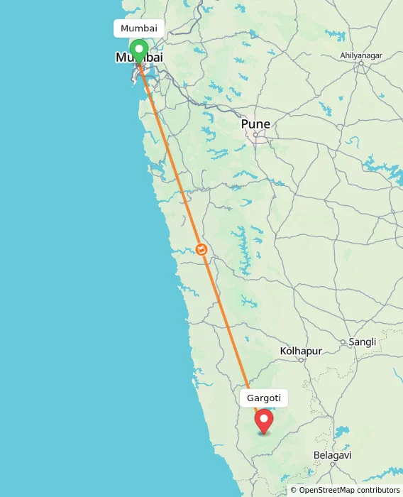 Route map showing distance and travel time from Mumbai, India to Gargoti, India
