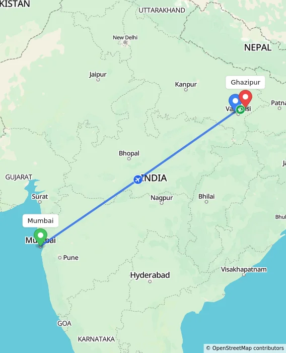 Route map showing distance and travel time from Mumbai, India to Ghazipur, India