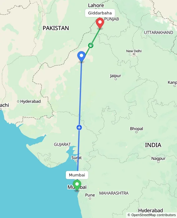 Route map showing distance and travel time from Mumbai, India to Giddarbaha, India