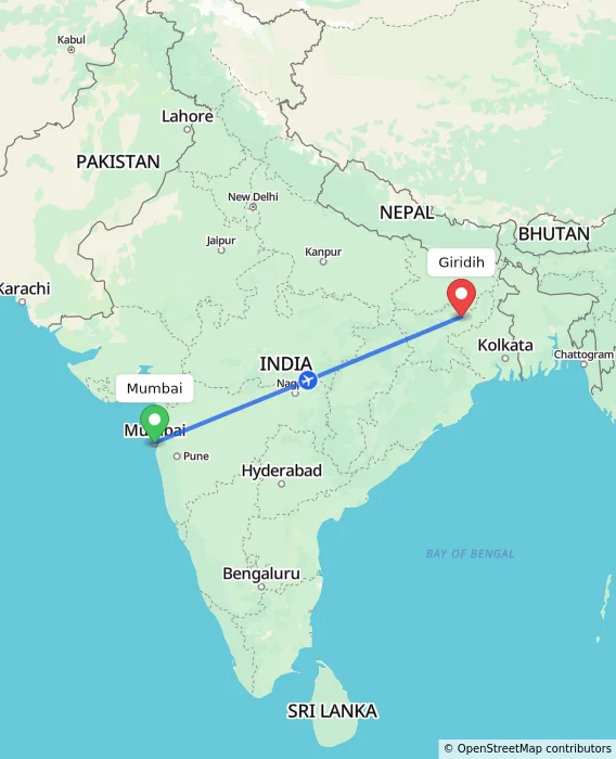 Route map showing distance and travel time from Mumbai, India to Giridih, India