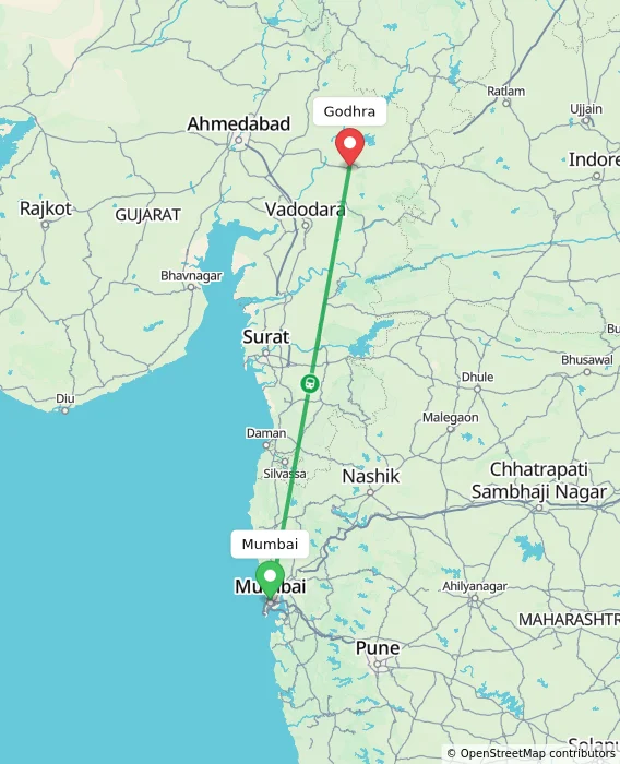 Route map showing distance and travel time from Mumbai, India to Godhra, India