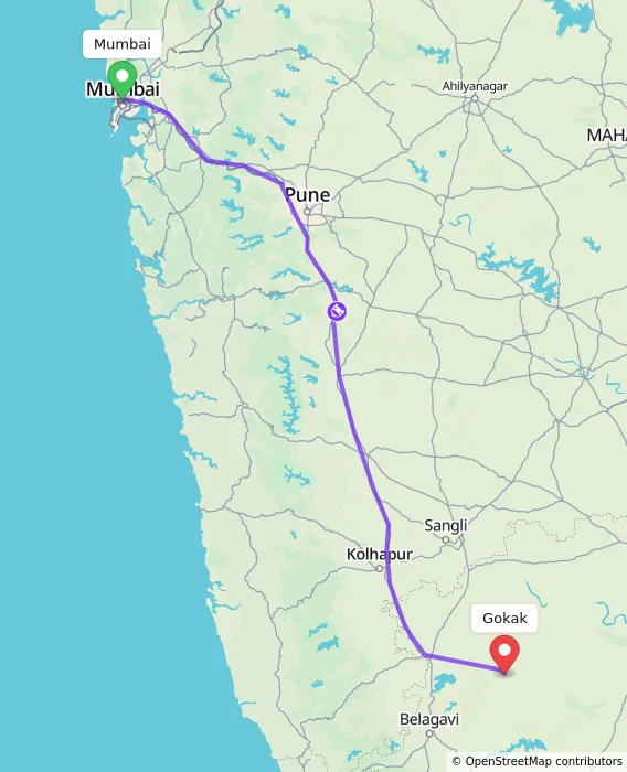 Route map showing distance and travel time from Mumbai, India to Gokak, India