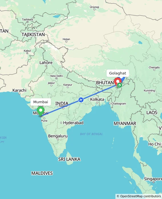 Route map showing distance and travel time from Mumbai, India to Golaghat, India