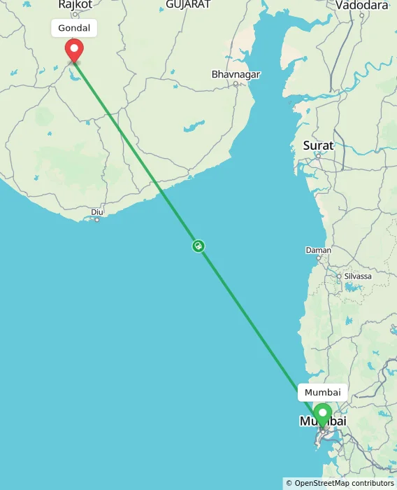 Route map showing distance and travel time from Mumbai, India to Gondal, India