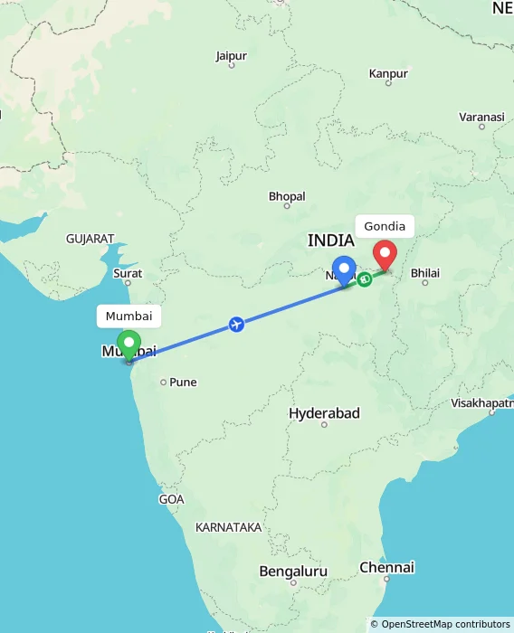 Route map showing distance and travel time from Mumbai, India to Gondia, India