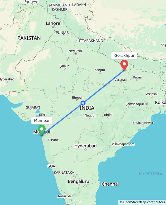 Route map showing distance and travel time from Mumbai, India to Gorakhpur, India
