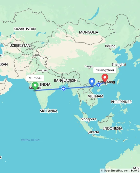 Route map showing distance and travel time from Mumbai, India to Guangzhou, China