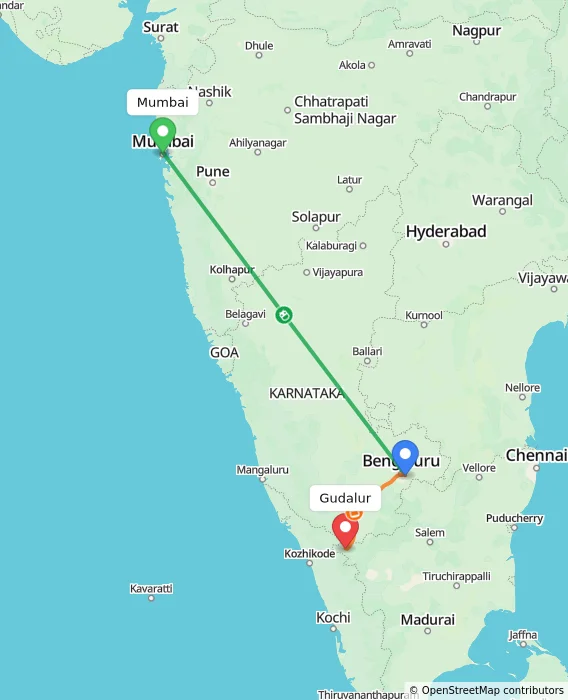 Route map showing distance and travel time from Mumbai, India to Gudalur, India