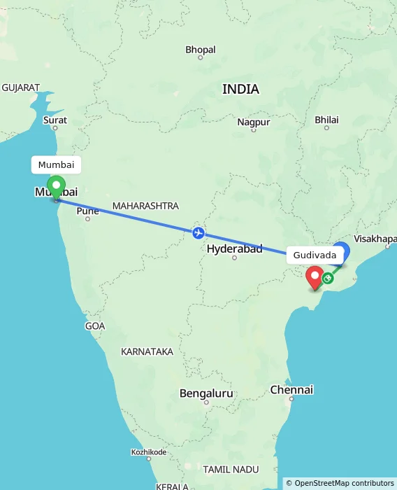 Route map showing distance and travel time from Mumbai, India to Gudivada, India