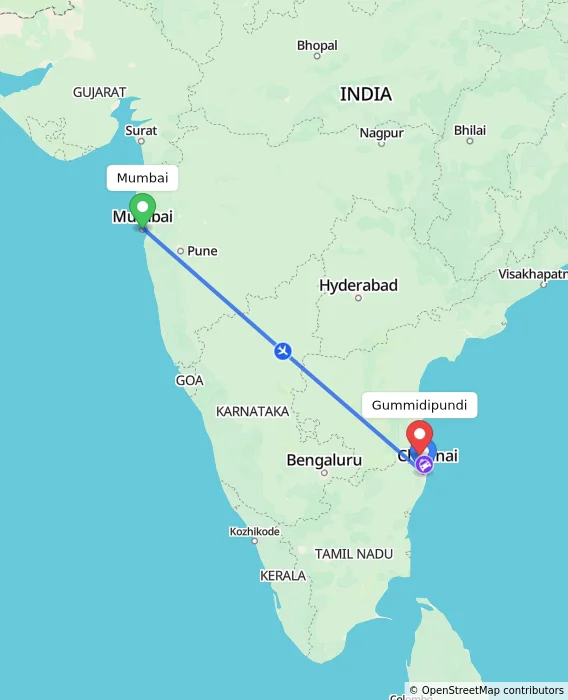 Route map showing distance and travel time from Mumbai, India to Gummidipundi, India