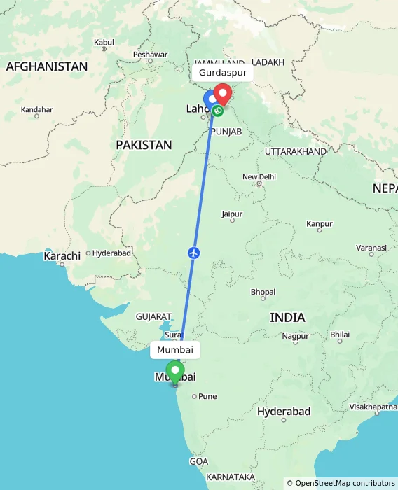 Route map showing distance and travel time from Mumbai, India to Gurdaspur, India