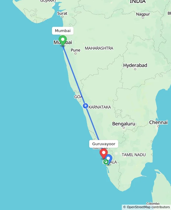 Route map showing distance and travel time from Mumbai, India to Guruvayoor, India