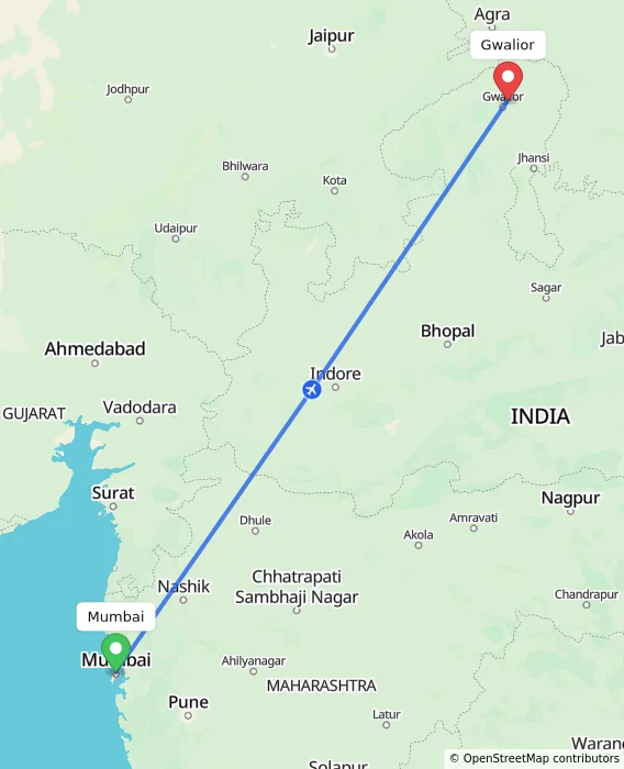 Route map showing distance and travel time from Mumbai, India to Gwalior, India
