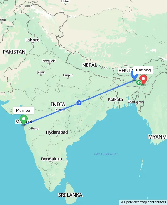 Route map showing distance and travel time from Mumbai, India to Haflong, India
