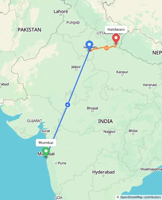 Route map showing distance and travel time from Mumbai, India to Haldwani, India