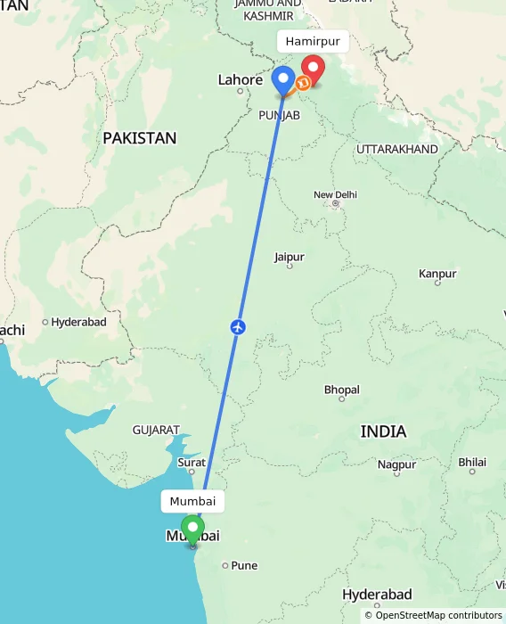 Route map showing distance and travel time from Mumbai, India to Hamirpur, India