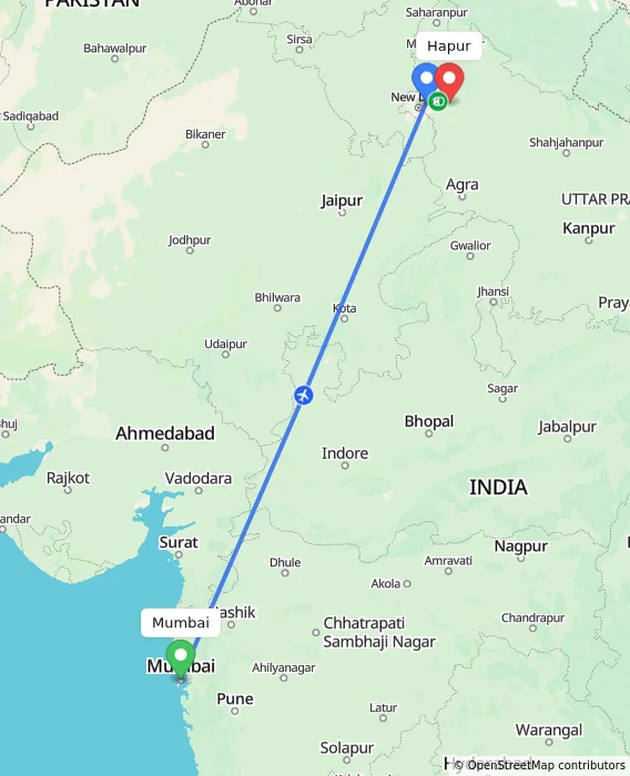 Route map showing distance and travel time from Mumbai, India to Hapur, India