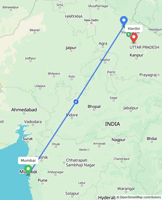 Route map showing distance and travel time from Mumbai, India to Hardoi, India