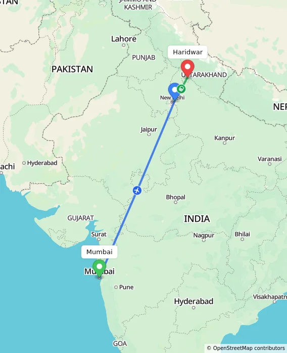 Route map showing distance and travel time from Mumbai, India to Haridwar, India
