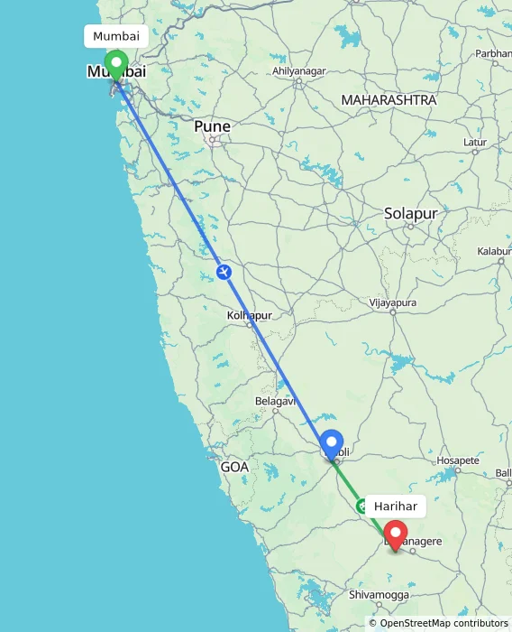Route map showing distance and travel time from Mumbai, India to Harihar, India