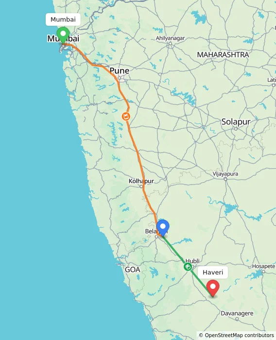 Route map showing distance and travel time from Mumbai, India to Haveri, India