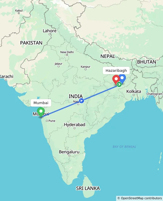 Route map showing distance and travel time from Mumbai, India to Hazaribagh, India