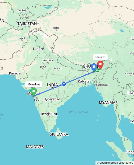 Route map showing distance and travel time from Mumbai, India to Helem, India