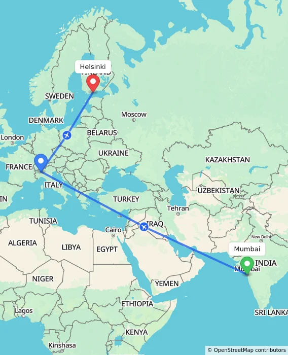 Route map showing distance and travel time from Mumbai, India to Helsinki, Finland