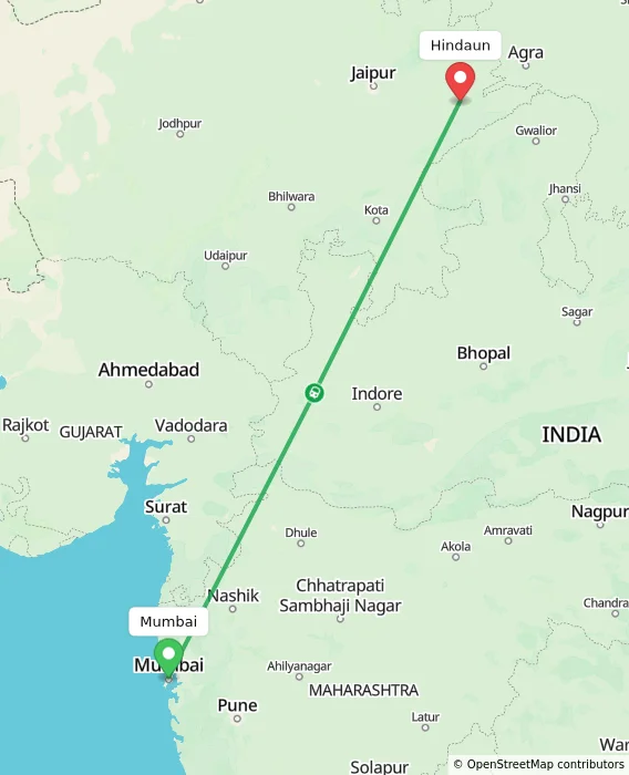 Route map showing distance and travel time from Mumbai, India to Hindaun, India