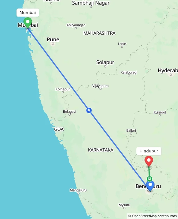 Route map showing distance and travel time from Mumbai, India to Hindupur, India