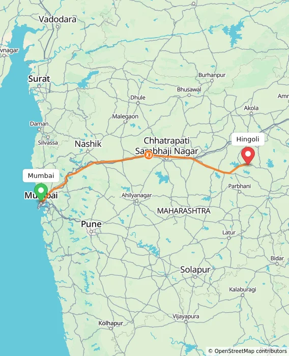 Route map showing distance and travel time from Mumbai, India to Hingoli, India