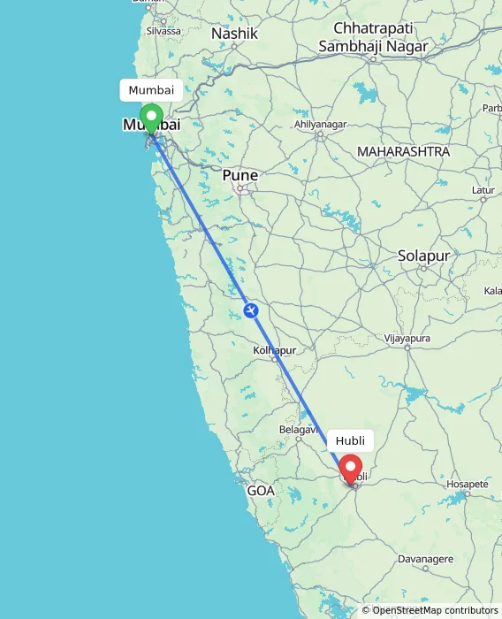 Route map showing distance and travel time from Mumbai, India to Hubli, India