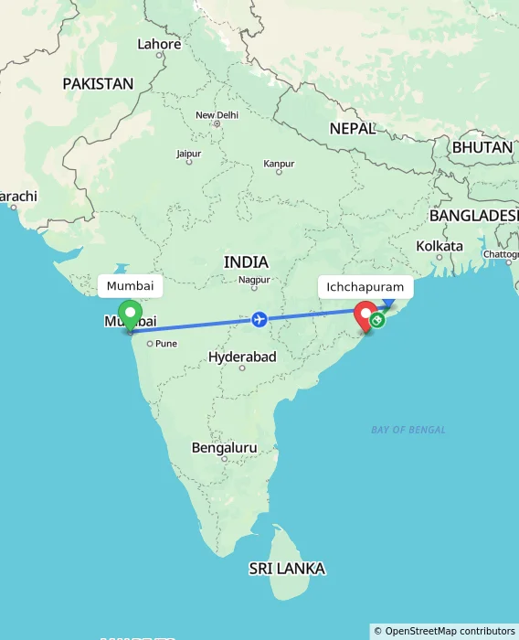 Route map showing distance and travel time from Mumbai, India to Ichchapuram, India