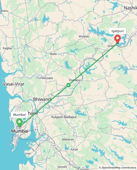 Route map showing distance and travel time from Mumbai, India to Igatpuri, India