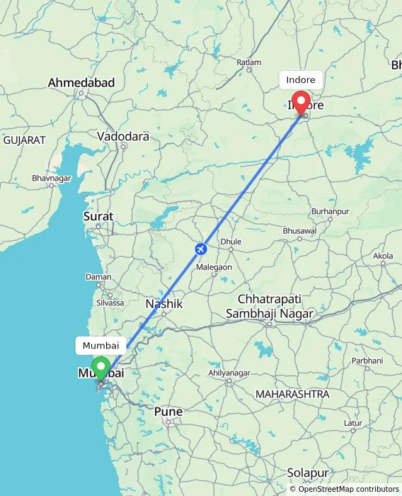 Route map showing distance and travel time from Mumbai, India to Indore, India