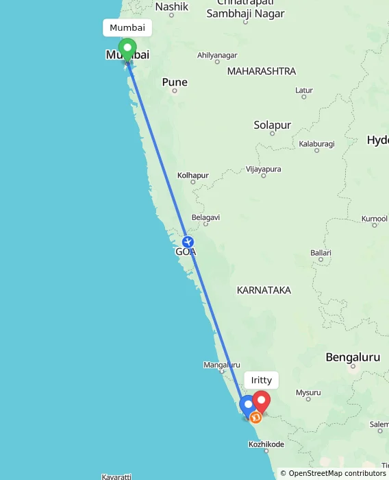 Route map showing distance and travel time from Mumbai, India to Iritty, India